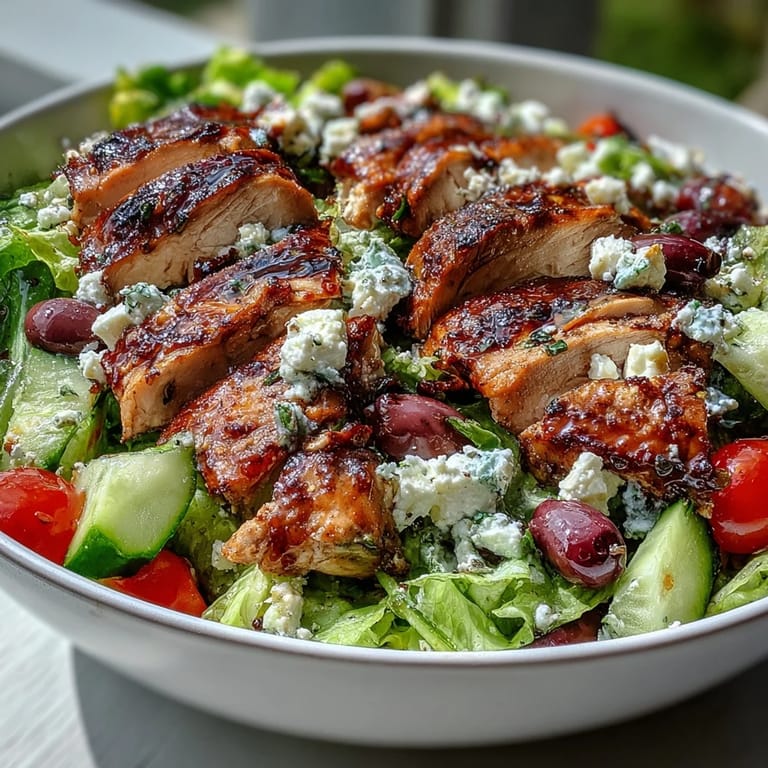 Fresh and vibrant Greek salad bowl featuring juicy grilled chicken, crisp lettuce, and tangy feta.  