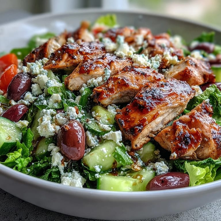 Healthy Greek salad bowl with grilled chicken, cucumbers, and Kalamata olives for a satisfying meal.
