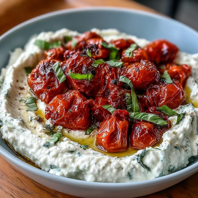 Tangy whipped feta dip with blistered cherry tomatoes, drizzled with olive oil, perfect for dipping or spreading.