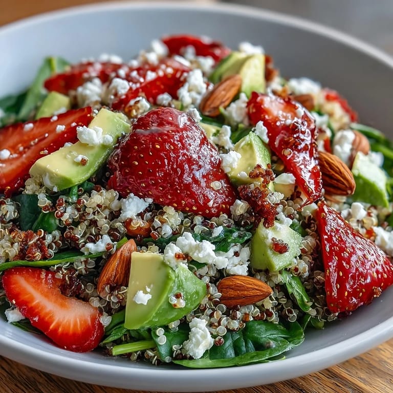 Colorful quinoa salad bowl with strawberries, avocado, spinach, and toasted nuts for a healthy lunch.  