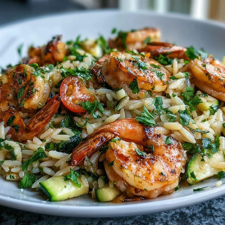 Vibrant One-Pan Lemon Butter Shrimp and Orzo featuring succulent shrimp, zucchini, and orzo simmered in a zesty lemon-butter sauce, served hot.