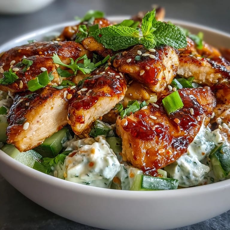 TikTok Chili-Crisp Cucumber Chicken Bowls topped with crunchy chili crisp and fresh sesame seeds over cucumber salad.