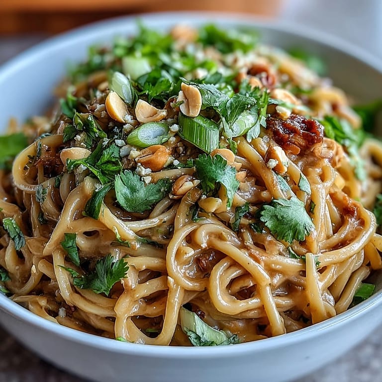 Refreshing Thai Peanut Noodle Salad tossed with fresh herbs and crunchy peanuts, served chilled for a satisfying vegan lunch or side dish.