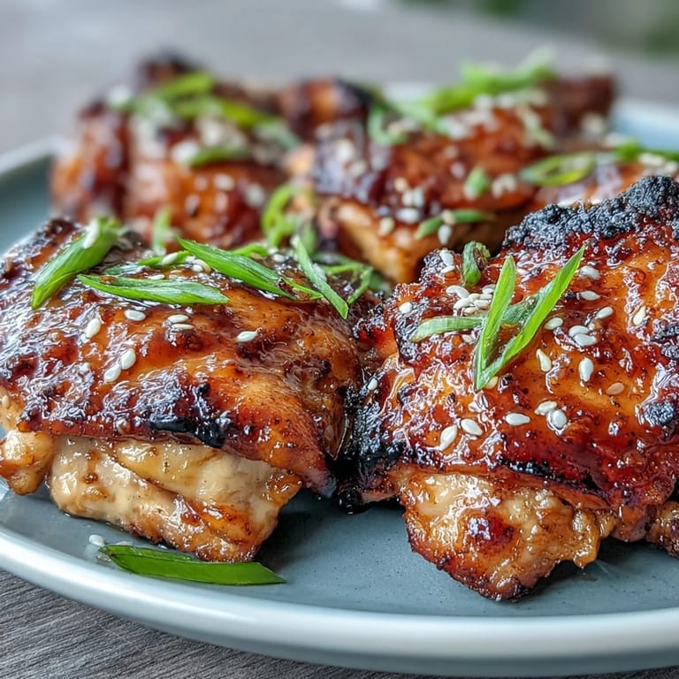 Golden-brown chicken thighs coated in rich soy glaze, garnished with sesame seeds and sliced green onions.  