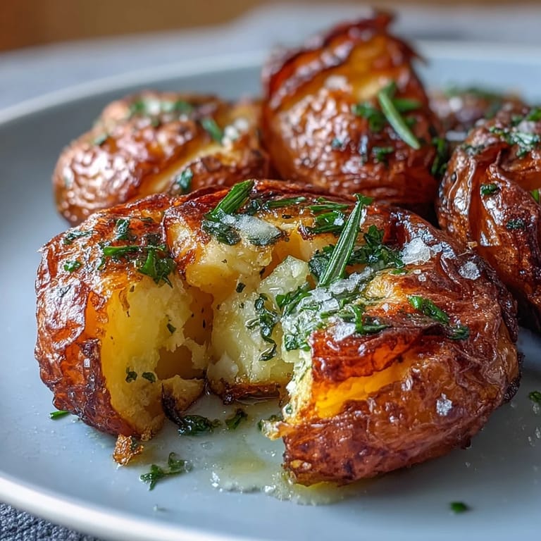 Oven-roasted baby potatoes, smashed and seasoned, delivering irresistible crunch and savory flavor.
