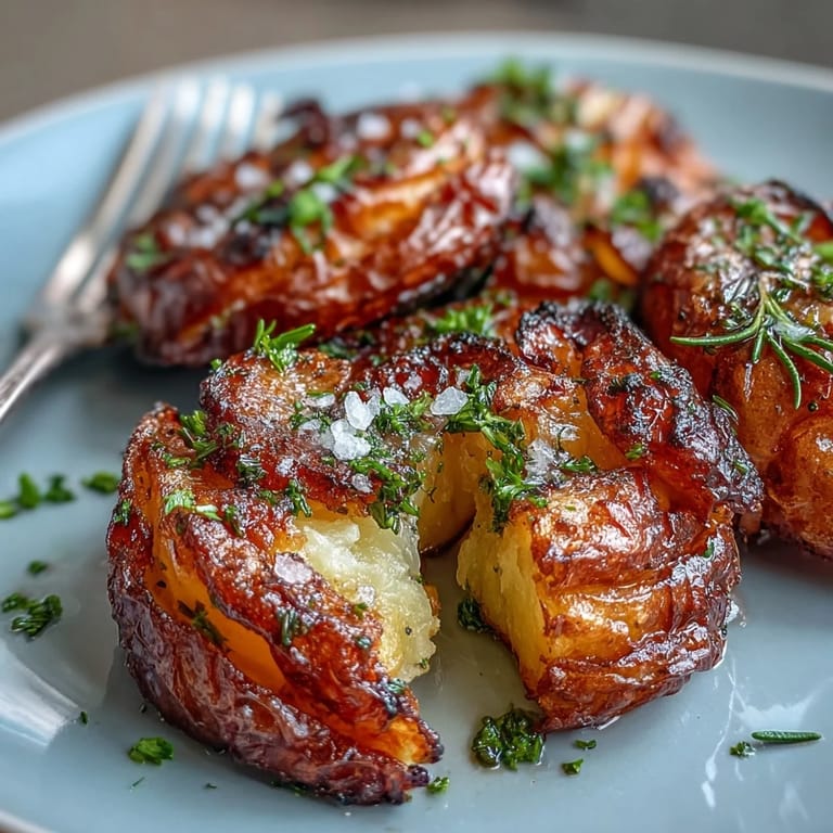 Tender baby potatoes flattened and roasted until crispy, garnished with parsley for extra freshness.