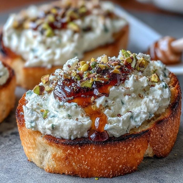Elegant appetizer featuring golden baguette slices spread with fluffy ricotta, sweet honey, and nutty pistachios.