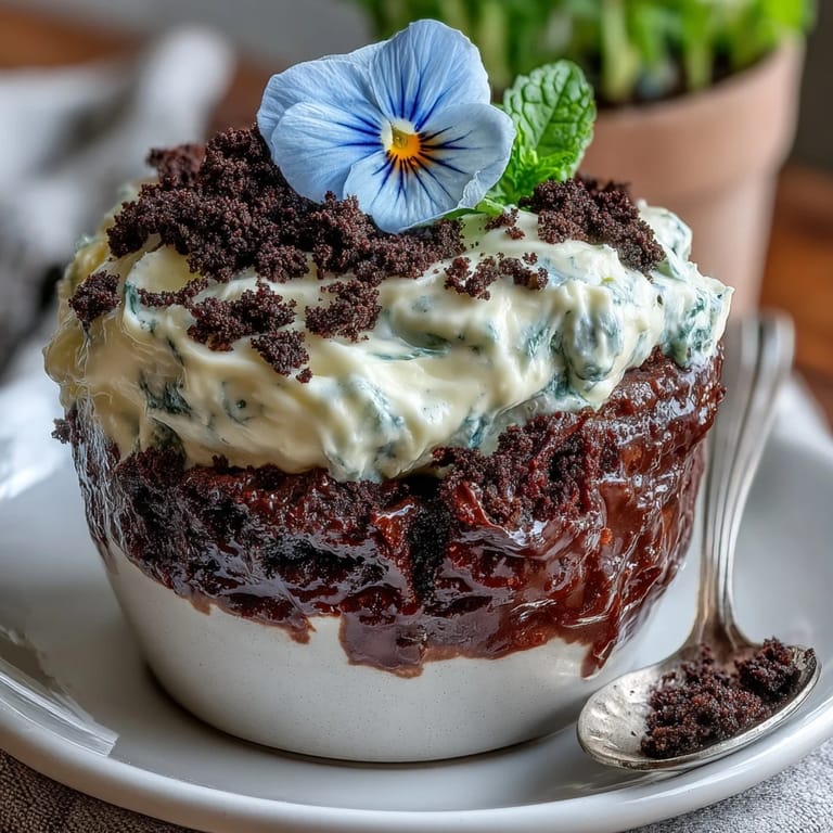 Rich brownies topped with creamy frosting and Oreo dirt, resembling mini garden pots.