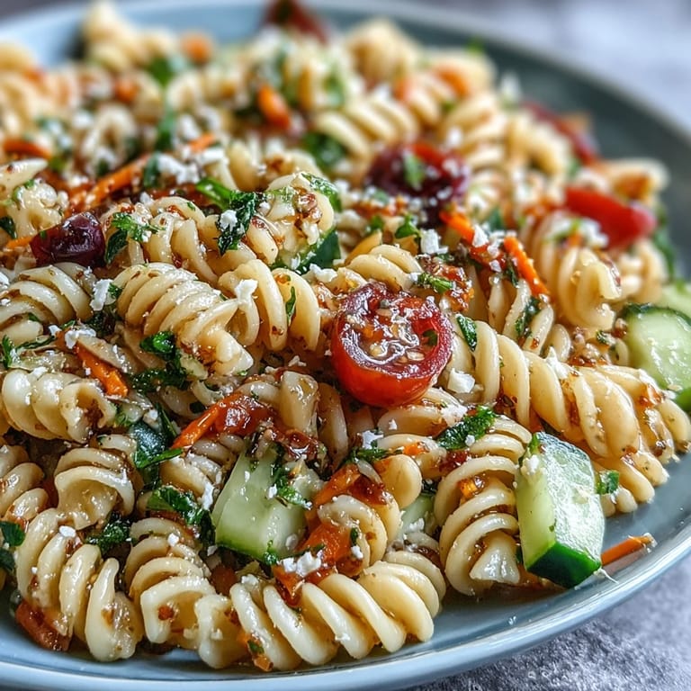 Vibrant Memorial Day Pasta Salad, chilled and brimming with fresh vegetables.