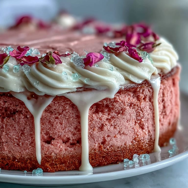 A beautifully layered pink velvet cake with rosé flavor, finished with a glossy gold drip for an unforgettable bridal event.