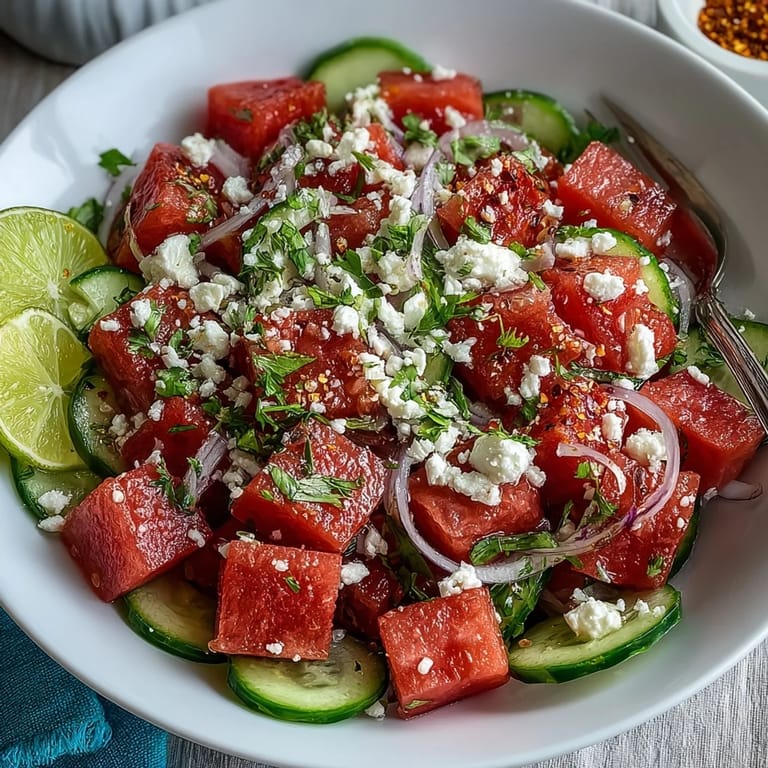 Vibrant summer watermelon cucumber salad, seasoned with Tajin and lime zest.