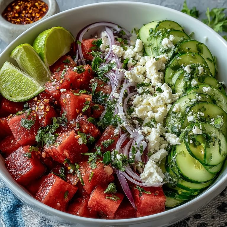 Refreshing watermelon cucumber salad, brightened by lime and a spicy Tajin kick.
