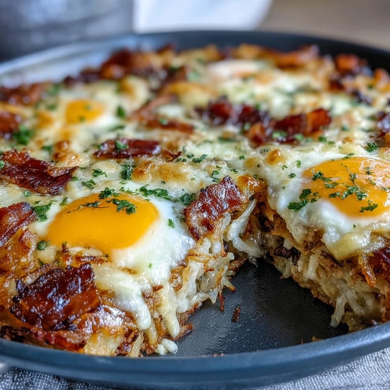 Hearty Loaded Hash Brown Skillet bursting with savory flavors and a golden-brown crust.