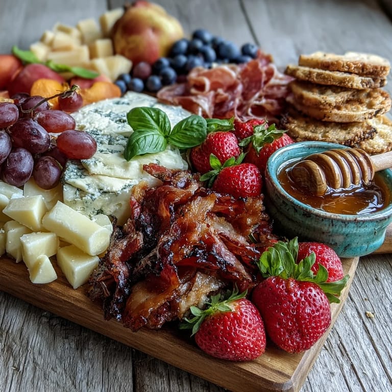 Delicious Summer Charcuterie Board with honey drizzle, nuts, and sweet fruit.