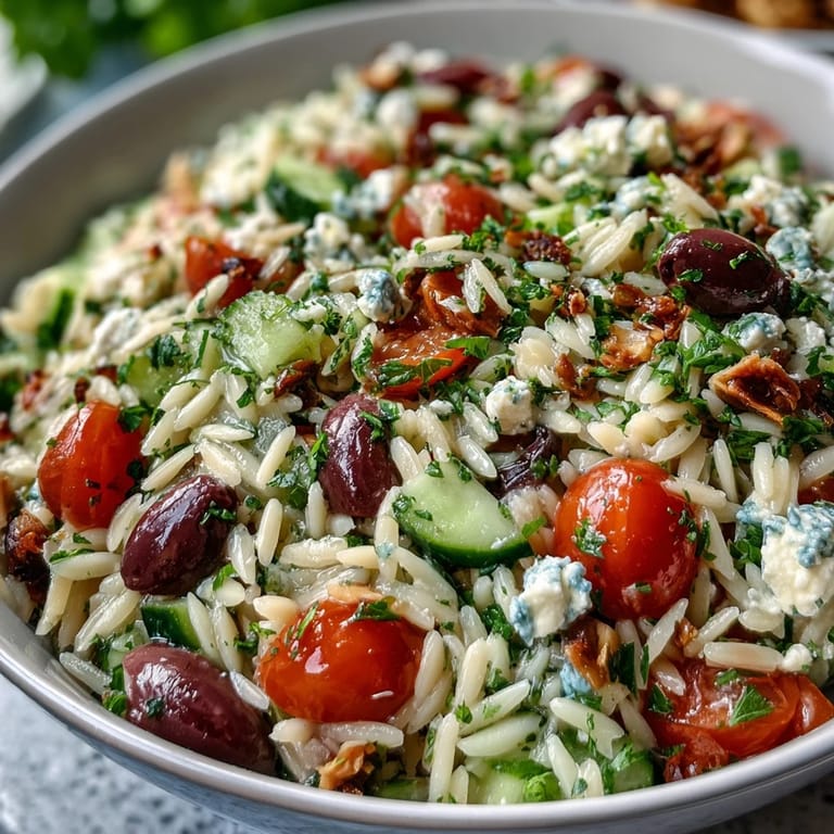 Refreshing orzo salad, feta crumbled, perfect chilled for lunch.