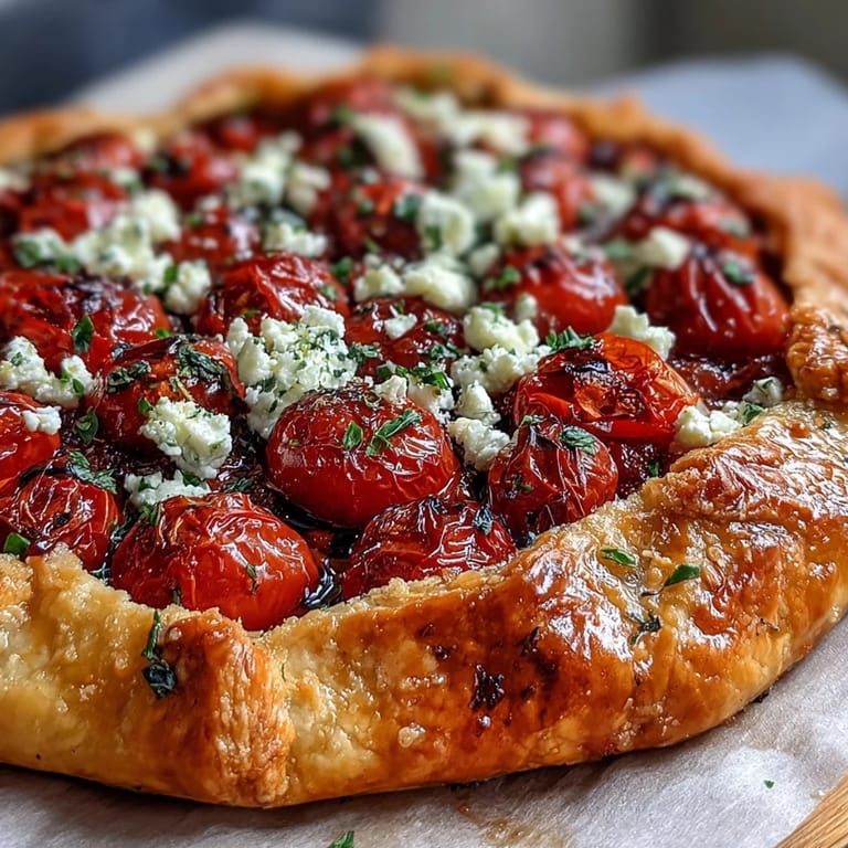 Tender Roasted Cherry Tomato and Feta Galette, perfect for sharing baked golden.