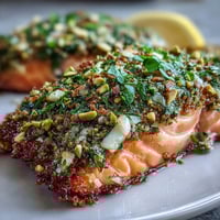 Golden-brown Confit Salmon with Tahini, Pistachio and Herb Crust glistening on a platter, served with lemon wedges.
