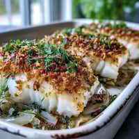 Golden-brown halibut fillets baked on aromatic fennel slices, topped with a crunchy walnut and lemon pangrattato.