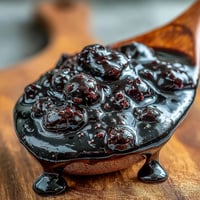 Glossy black currant glaze, made with balsamic and honey, brushed onto roasted pork or ham.