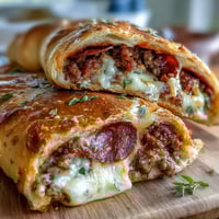A close-up of Baked High-Protein Pepperoni Stromboli sliced to show layers of beef and melted mozzarella.
