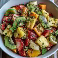 A vibrant bowl of Tropical Fruit Salad with Mint Lime Dressing features colorful pineapple, mango, and berries glistening with citrus.