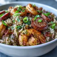 A sizzling skillet of Cajun dirty rice with juicy shrimp and spicy sausage, served in a cast-iron pan with fresh green onions scattered on top.