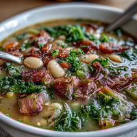 Hearty ham and kale white bean soup with tender vegetables and smoky ham in a rich broth.  