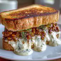 Hearty lentil sloppy joes with vegan cheese sauce served over golden toasted sourdough slices.