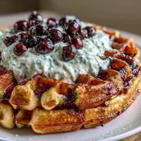 Fluffy sourdough waffles loaded with juicy blueberries and zesty lemon, served warm with creamy maple yogurt drizzle.