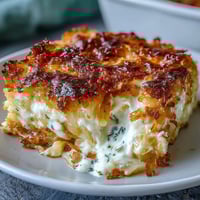A golden-baked casserole of cheesy potatoes with a crispy hashbrown topping, perfect for family gatherings and potlucks.