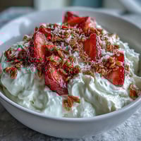 Fluffy yogurt breakfast bowl with strawberries and granola crunch, topped with fresh mint and chia seeds.  