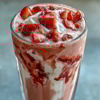 Strawberry Shortcake Protein Smoothie with fresh berries and creamy Greek yogurt in a tall glass, garnished with sliced strawberries.  