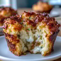 Funeral potatoes muffin cups with cheesy potatoes and crispy cornflake topping served in golden muffin tins.  