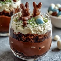Easter Bunny Dirt Cups for Kids with chocolate pudding, crushed cookies, and marshmallow bunnies in clear cups, decorated with candy eggs and green coconut grass.