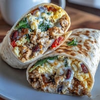 High-protein breakfast burritos with fluffy eggs, turkey, and black beans, wrapped in a whole wheat tortilla for a hearty start.