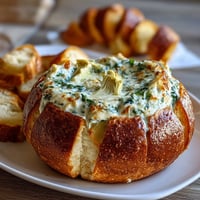 St. Patrick's Day Spinach Artichoke Dip Bread Bowl filled with creamy cheese and vibrant greens, baked in a golden sourdough crust.