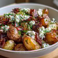 Creamy BBQ baby shower loaded baked potato salad with smoky bacon and cheddar cheese.  