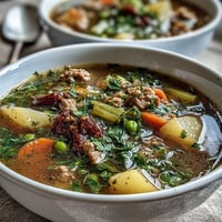 Shepherds Pie Soup with Ground Beef and Veggies in a savory broth with tender potatoes and colorful vegetables.  