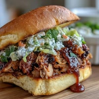 Festive 4th of July BBQ chicken sliders piled high with tender pulled chicken and tangy coleslaw on soft buns.  