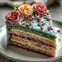 A delicate pastel ombre cake with soft pink, yellow, and green layers, crowned with fresh edible flowers for a stunning spring centerpiece.