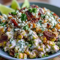 A colorful Mexican street corn salad with charred corn, Cotija cheese, and zesty lime dressing, perfect for summer gatherings.