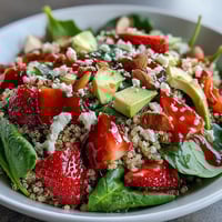 Fresh strawberry avocado quinoa salad with juicy berries, creamy avocado, and zesty citrus dressing.  