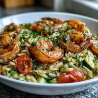 One-Pan Lemon Butter Shrimp and Orzo in a skillet with juicy shrimp, tender orzo, and bright cherry tomatoes, garnished with fresh parsley.