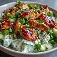 Juicy seared chicken and cool, creamy cucumbers in TikTok Chili-Crisp Cucumber Chicken Bowls with chili crisp drizzle.