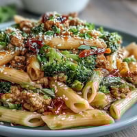 Freshly cooked Sweet & Spicy Turkey Broccoli Pasta with penne, vibrant green broccoli, and a glossy sweet chili glaze.