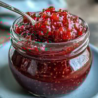 Vibrant homemade raspberry lemon chia jam in a glass jar, with fresh berries and lemon slices beside it.