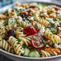 Colorful Memorial Day Pasta Salad featuring crisp veggies and zesty Italian dressing.