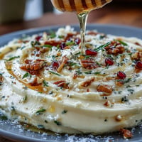 Whipped butter board topped with herbs, honey, and pomegranate seeds, perfect for sharing at gatherings.