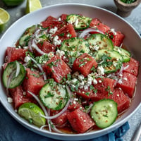 Juicy watermelon, crisp cucumber salad with Tajin seasoning and lime.