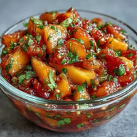 Vibrant peach jalapeño salsa topping grilled fish with fresh, zesty flavors.